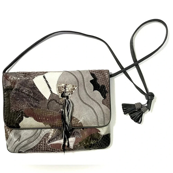 Vintage Carlo Fiori of Italy Purse Shoulder / Clutch Grays/Browns Reptile Skin - Picture 1 of 11